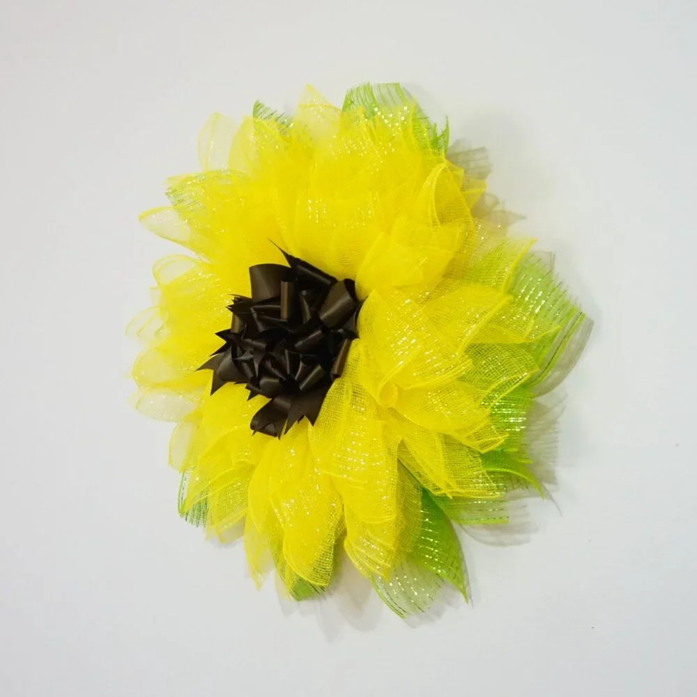 Yellow Sunflower Deco Mesh Wreath with Green Leaves and Brown Ribbon Center
